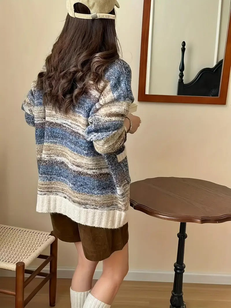 Women's Multicolor Knit Cardigan with White Buttons