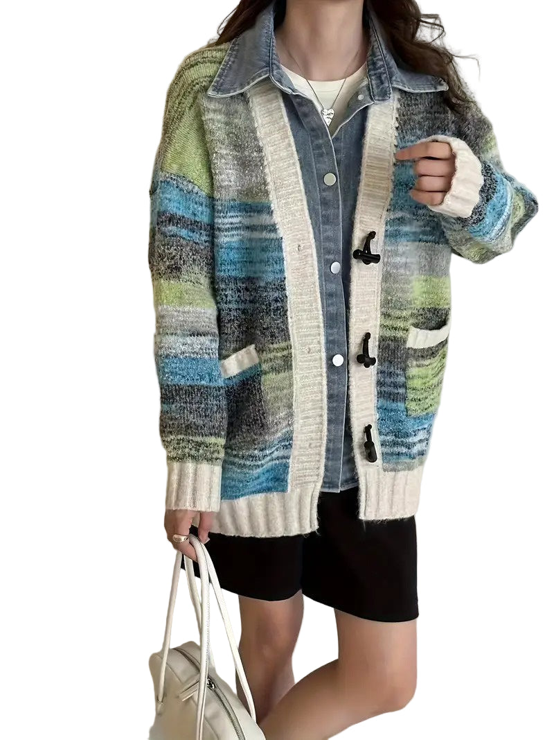 Women's Multicolor Knit Cardigan with White Buttons