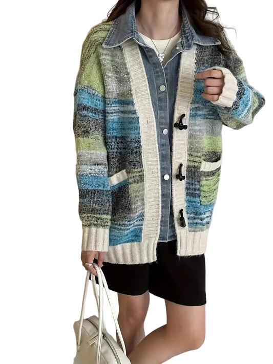 Women's Multicolor Knit Cardigan with White Buttons