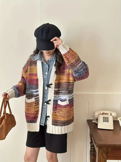 Women's Multicolor Knit Cardigan with White Buttons