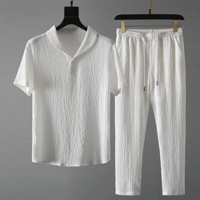Men's Short Set with V-Neck and Drawstring Trousers