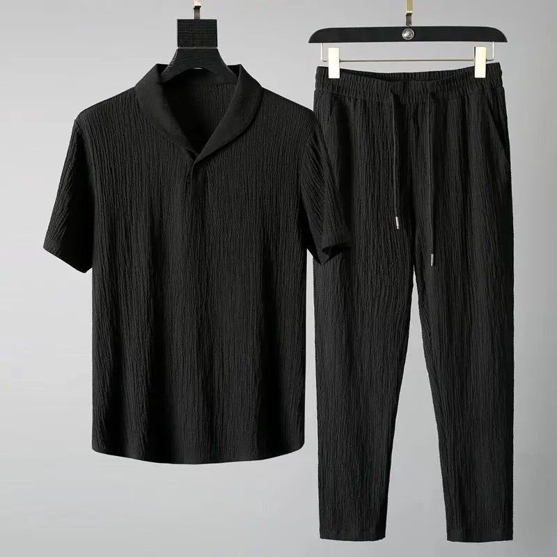 Men's Short Set with V-Neck and Drawstring Trousers