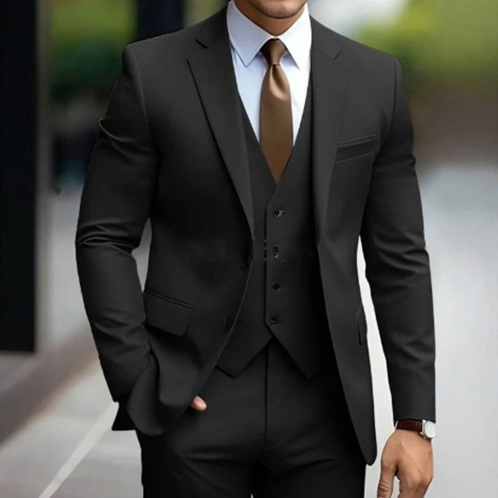 Men's 3-Piece Suit with Notch Lapel Jacket Buttoned Waistcoat and Straight-Leg Trousers