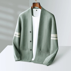 Men's Button Front Cardigan with Contrast Sleeve Stripes and Patch Pockets