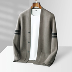 Men's Button Front Cardigan with Contrast Sleeve Stripes and Patch Pockets