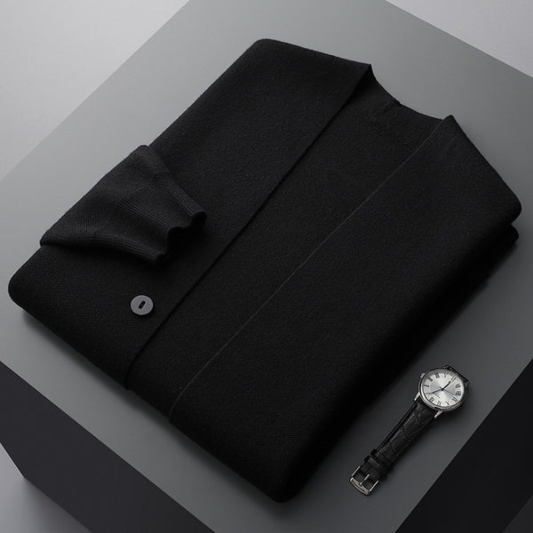 Men's Button Front Cardigan with Contrast Sleeve Stripes and Patch Pockets