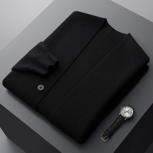 Men's Button Front Cardigan with Contrast Sleeve Stripes and Patch Pockets