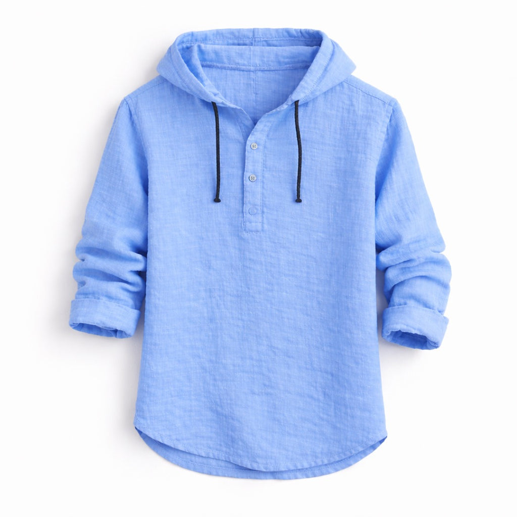 Men's Hooded Pullover Shirt with Three-Button Placket and Drawstring Hood