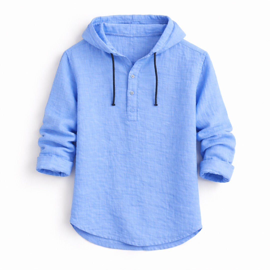 Men's Hooded Pullover Shirt with Three-Button Placket and Drawstring Hood