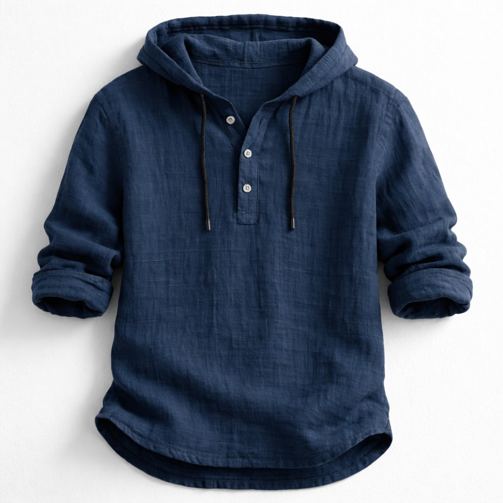Men's Hooded Pullover Shirt with Three-Button Placket and Drawstring Hood