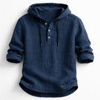 Men's Hooded Pullover Shirt with Three-Button Placket and Drawstring Hood