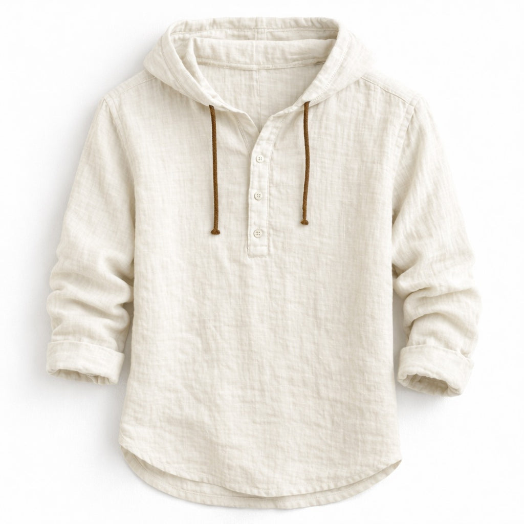 Men's Hooded Pullover Shirt with Three-Button Placket and Drawstring Hood