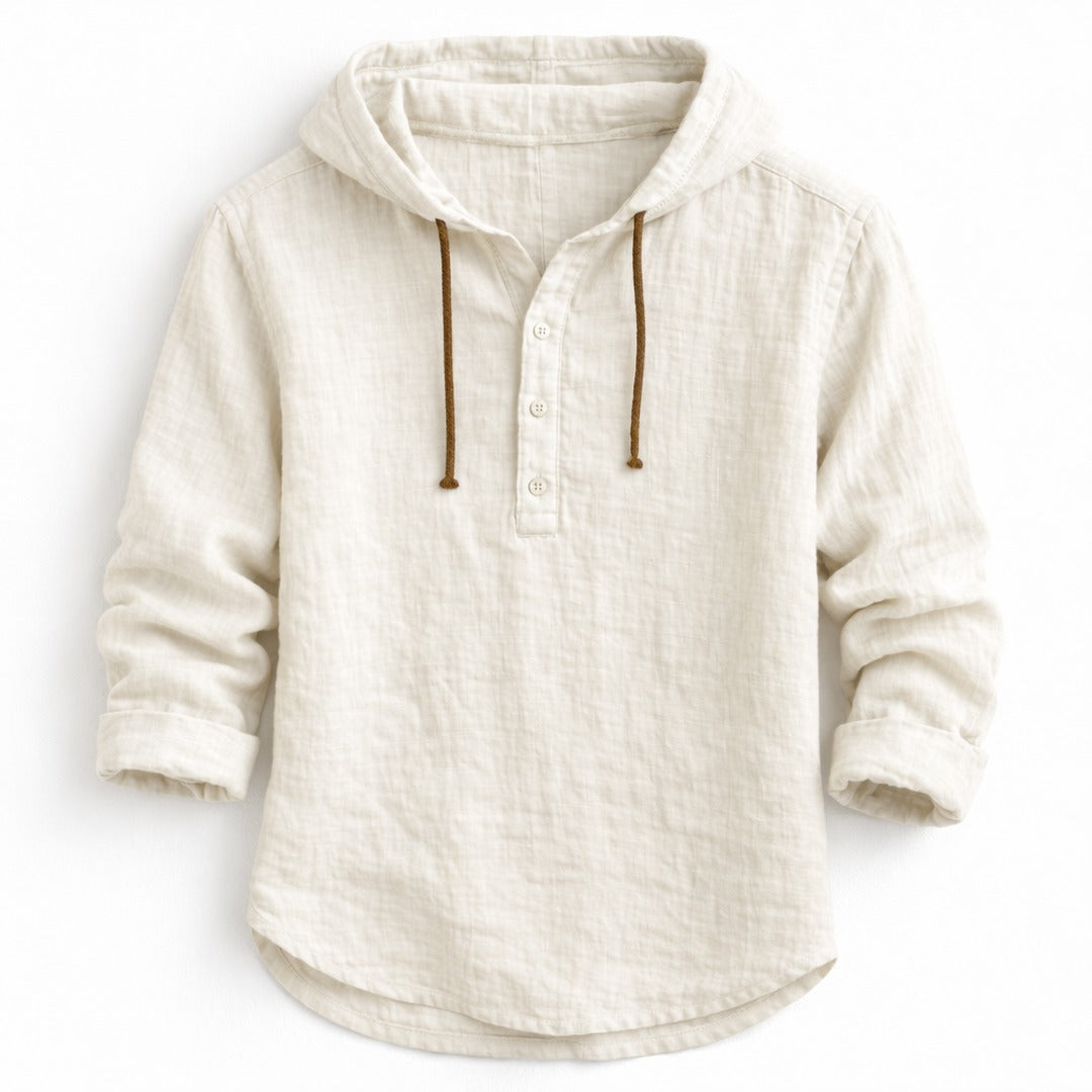 Men's Hooded Pullover Shirt with Three-Button Placket and Drawstring Hood