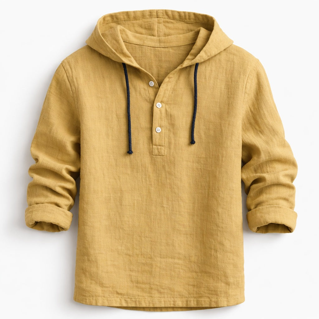 Men's Hooded Pullover Shirt with Three-Button Placket and Drawstring Hood
