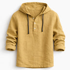 Men's Hooded Pullover Shirt with Three-Button Placket and Drawstring Hood
