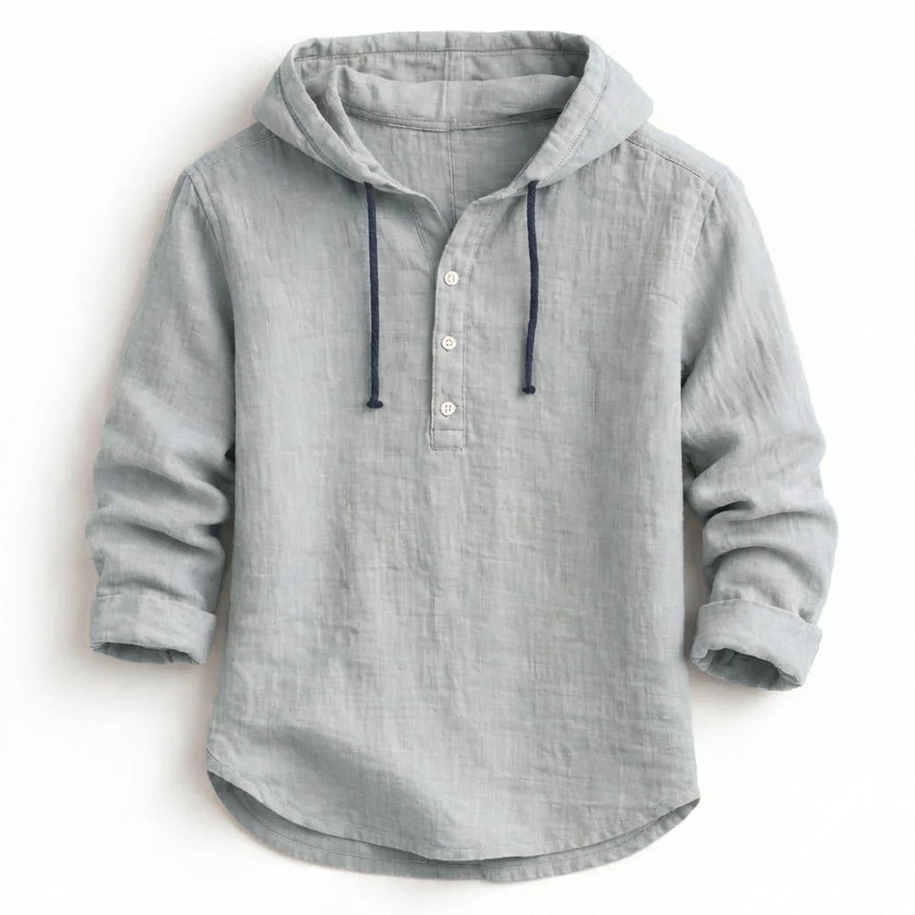 Men's Hooded Pullover Shirt with Three-Button Placket and Drawstring Hood