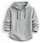 Men's Hooded Pullover Shirt with Three-Button Placket and Drawstring Hood