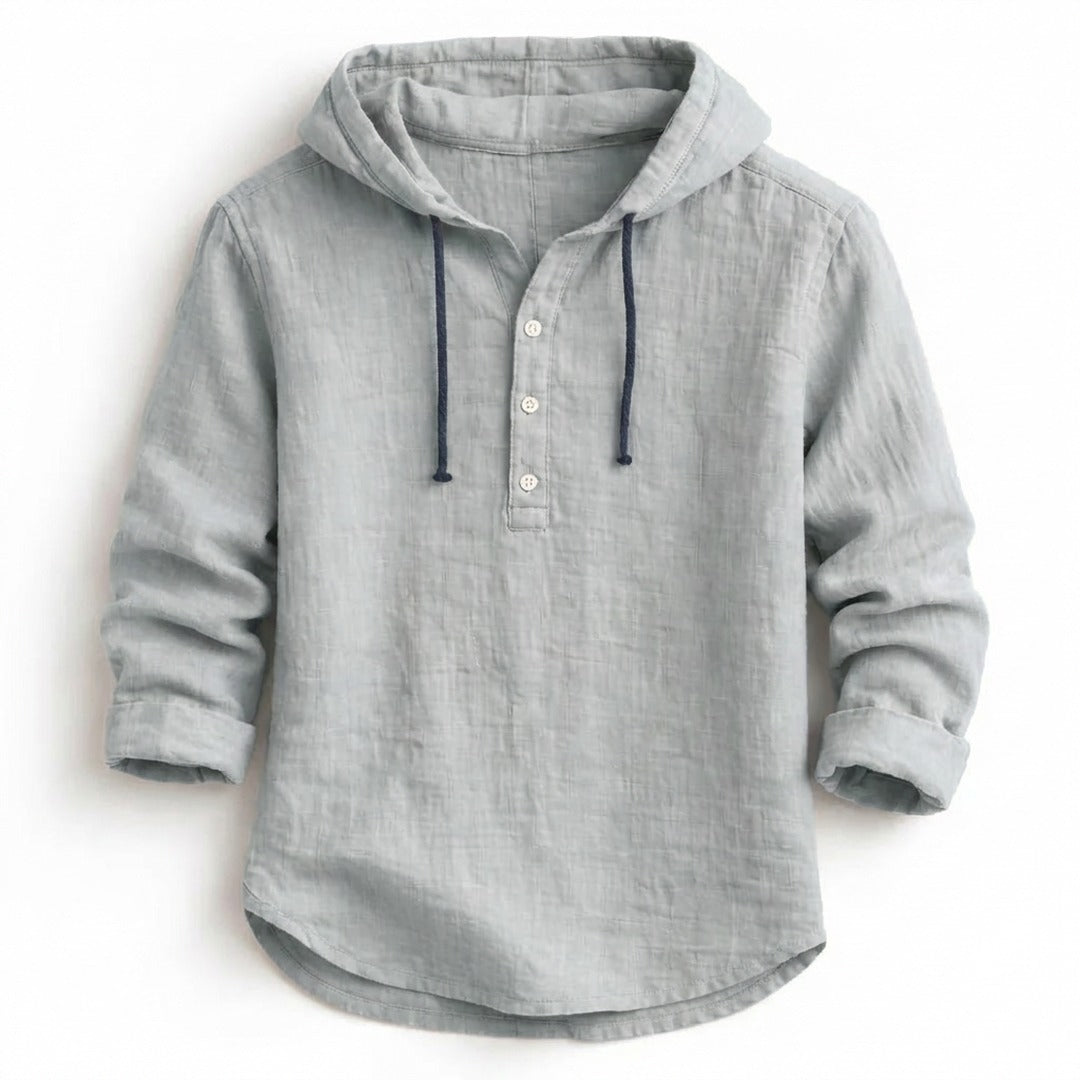 Men's Hooded Pullover Shirt with Three-Button Placket and Drawstring Hood