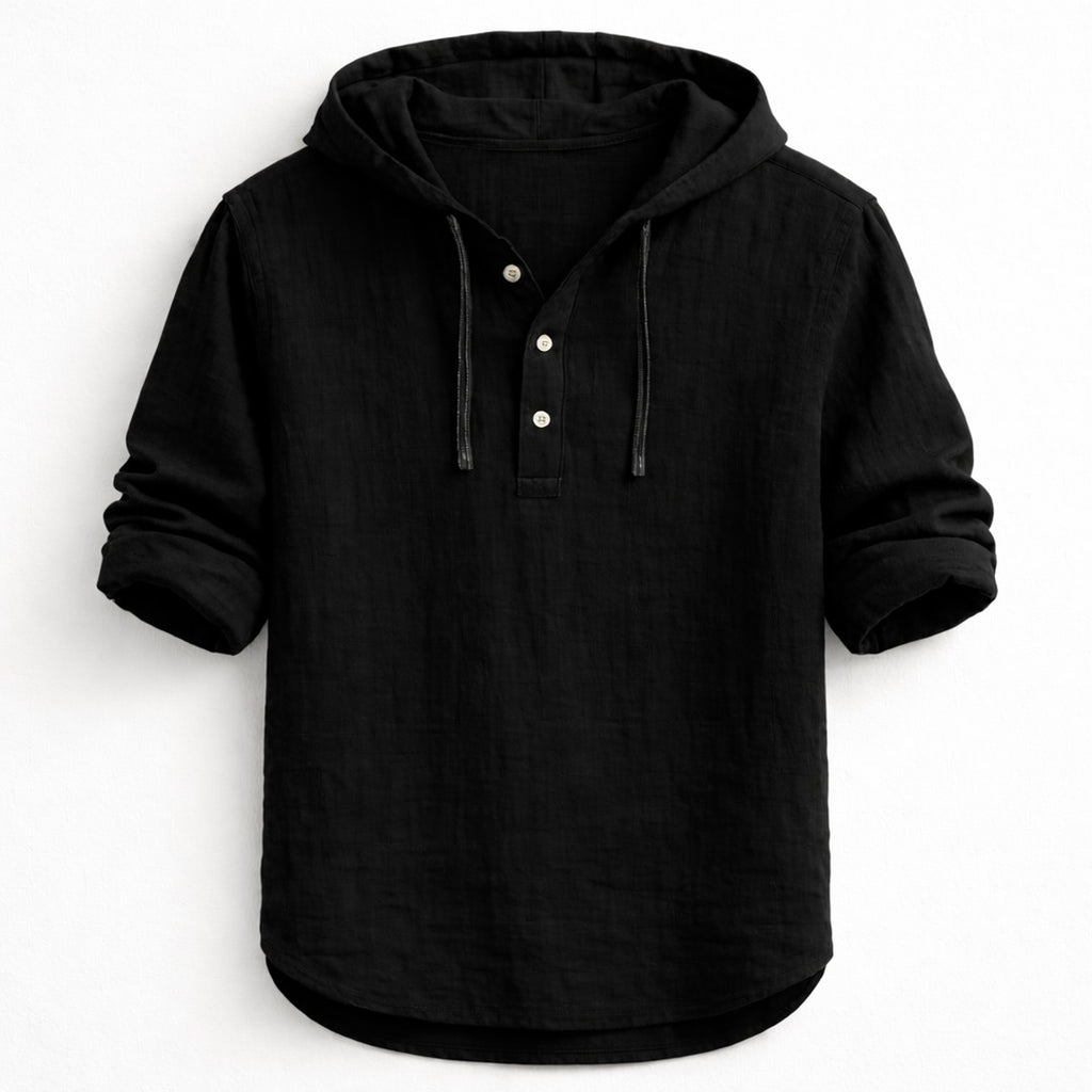 Men's Hooded Pullover Shirt with Three-Button Placket and Drawstring Hood
