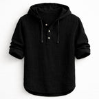 Men's Hooded Pullover Shirt with Three-Button Placket and Drawstring Hood