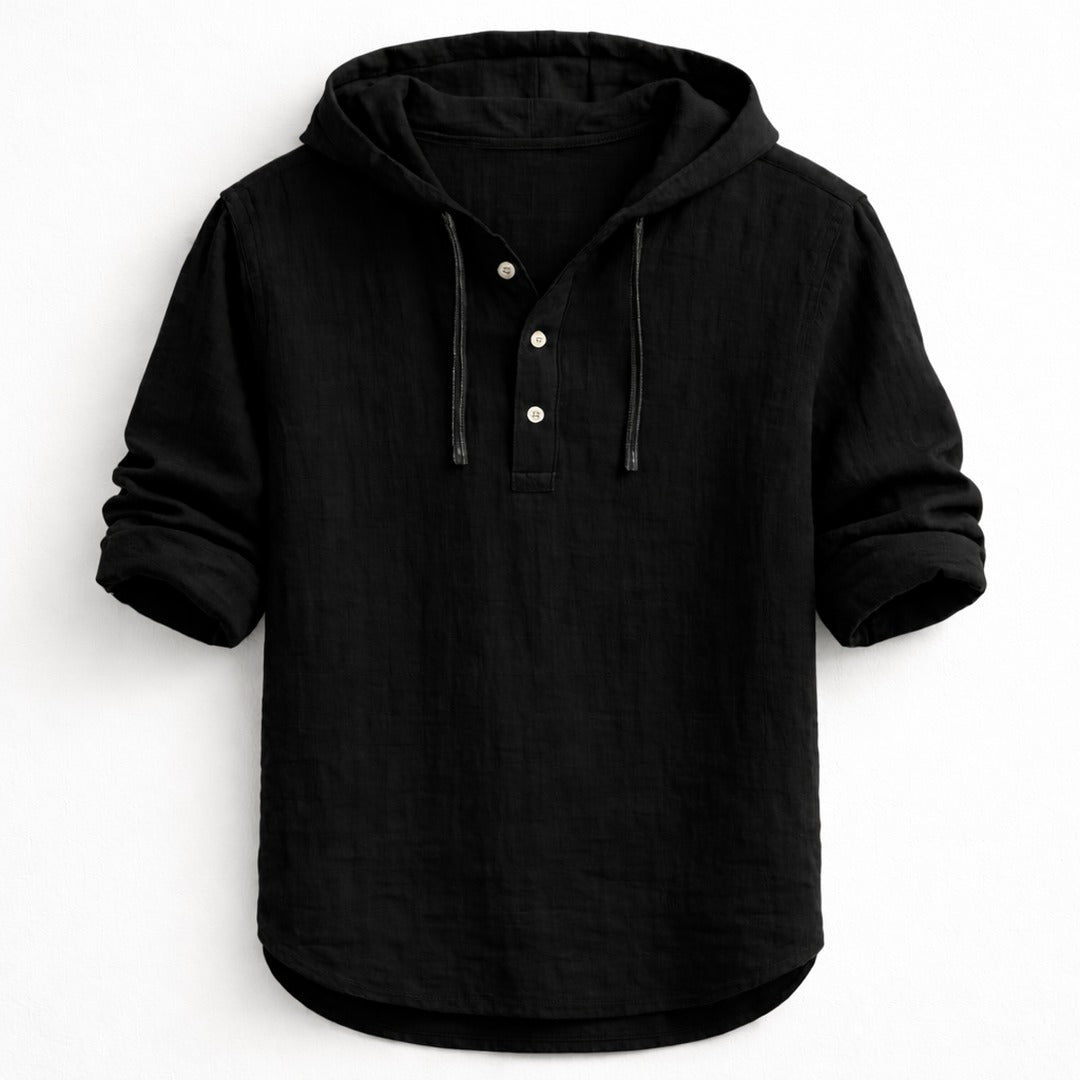 Men's Hooded Pullover Shirt with Three-Button Placket and Drawstring Hood