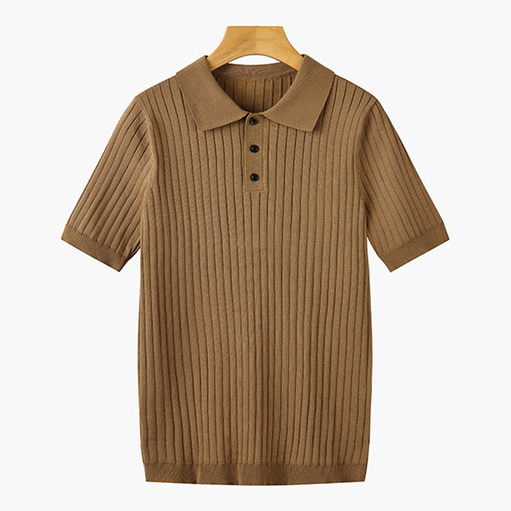 Men's Knitted Polo Shirt with Ribbed Collar and Partial Button Closure