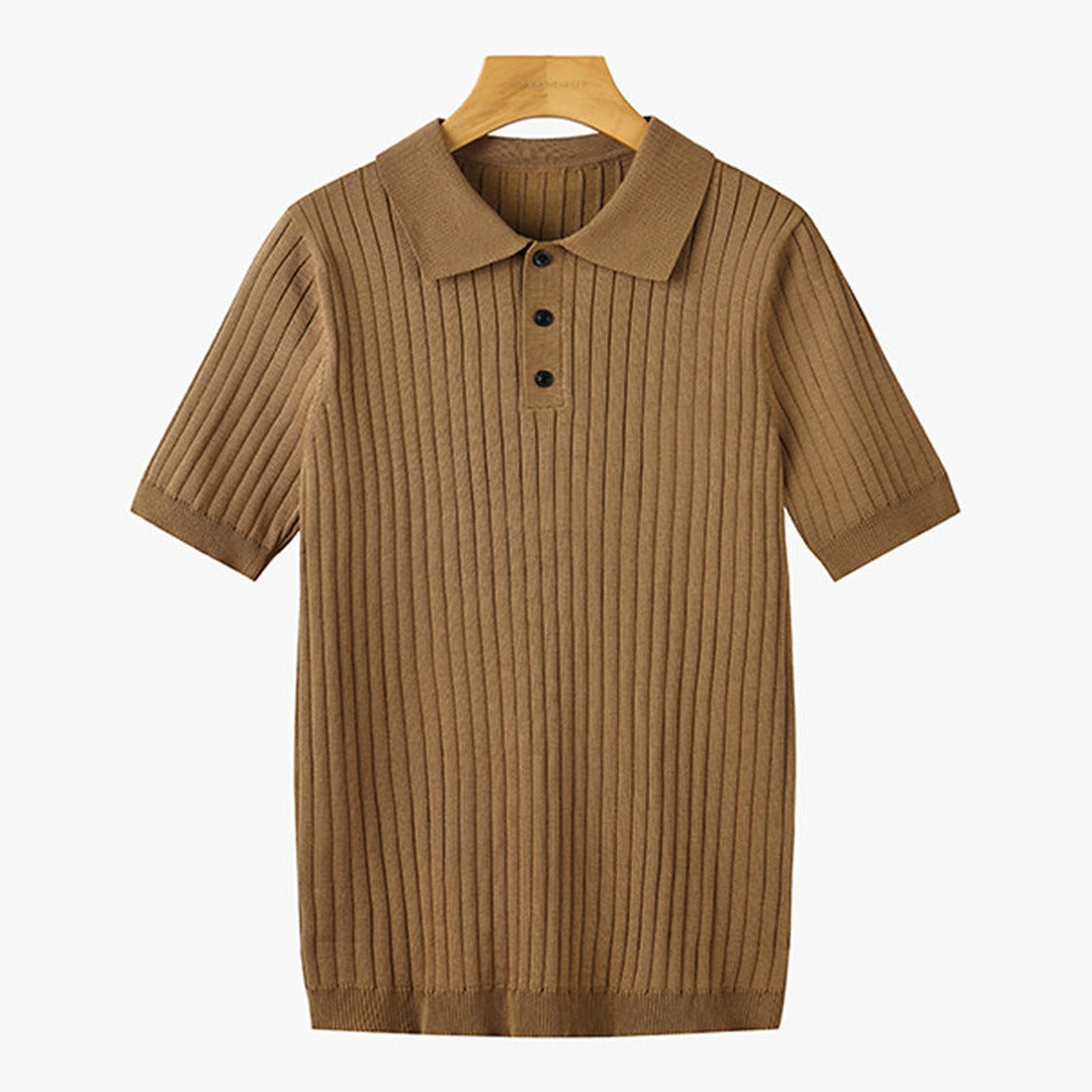 Men's Knitted Polo Shirt with Ribbed Collar and Partial Button Closure