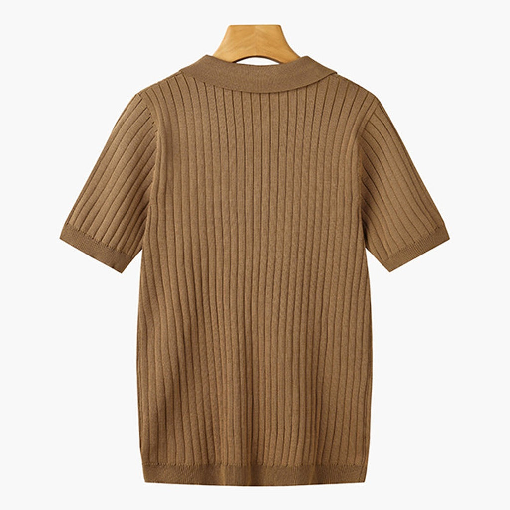 Men's Knitted Polo Shirt with Ribbed Collar and Partial Button Closure