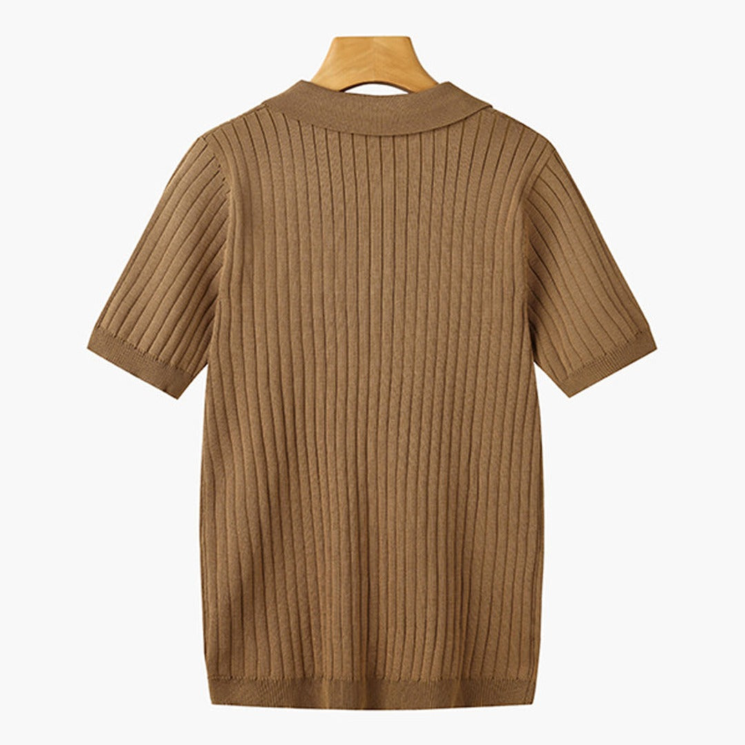 Men's Knitted Polo Shirt with Ribbed Collar and Partial Button Closure