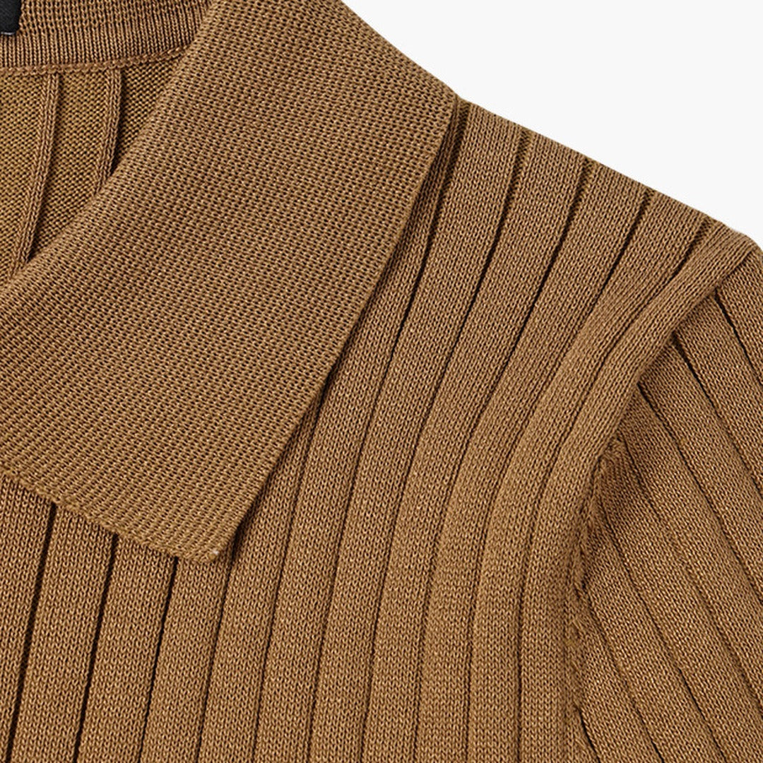 Men's Knitted Polo Shirt with Ribbed Collar and Partial Button Closure