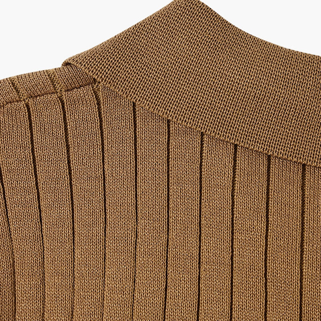 Men's Knitted Polo Shirt with Ribbed Collar and Partial Button Closure