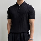Men's Knitted Polo Shirt with Ribbed Collar and Partial Button Closure