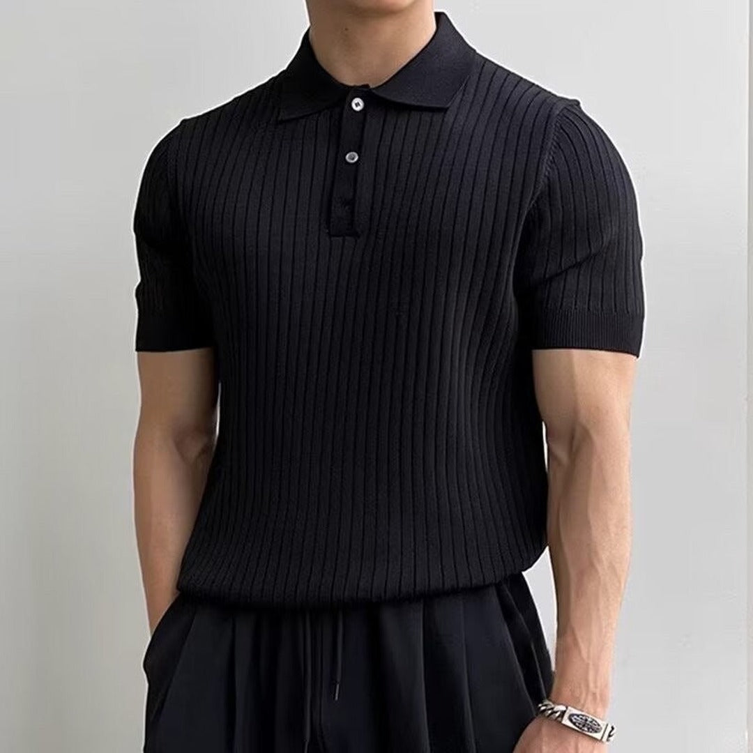 Men's Knitted Polo Shirt with Ribbed Collar and Partial Button Closure