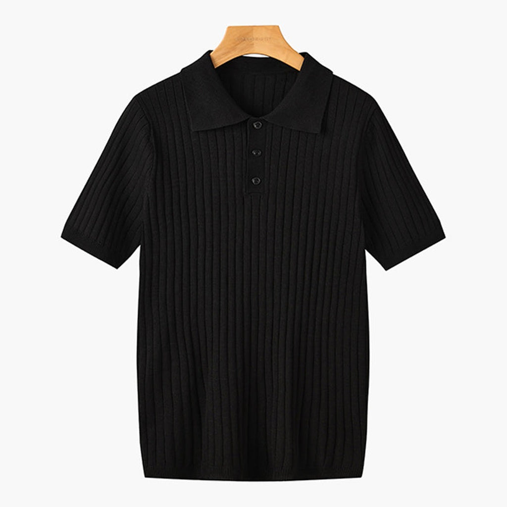 Men's Knitted Polo Shirt with Ribbed Collar and Partial Button Closure