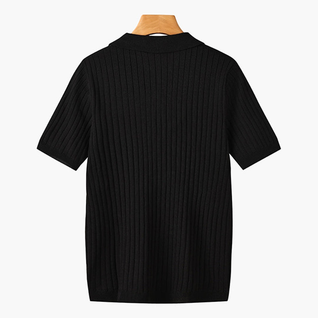Men's Knitted Polo Shirt with Ribbed Collar and Partial Button Closure
