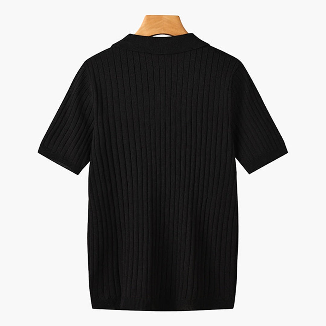 Men's Knitted Polo Shirt with Ribbed Collar and Partial Button Closure