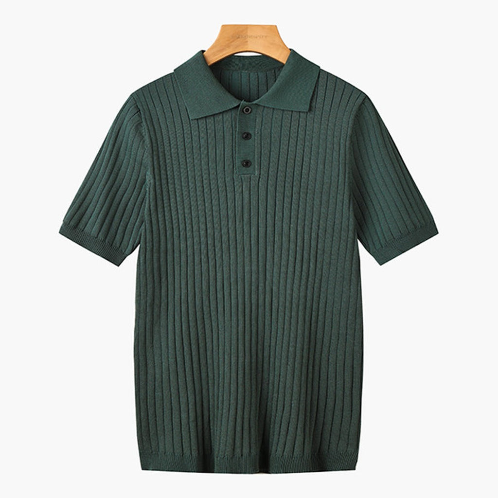 Men's Knitted Polo Shirt with Ribbed Collar and Partial Button Closure