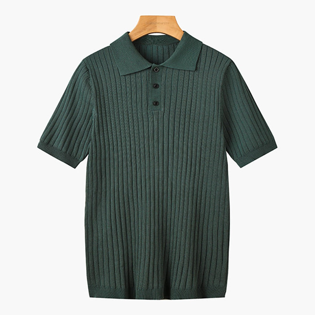 Men's Knitted Polo Shirt with Ribbed Collar and Partial Button Closure
