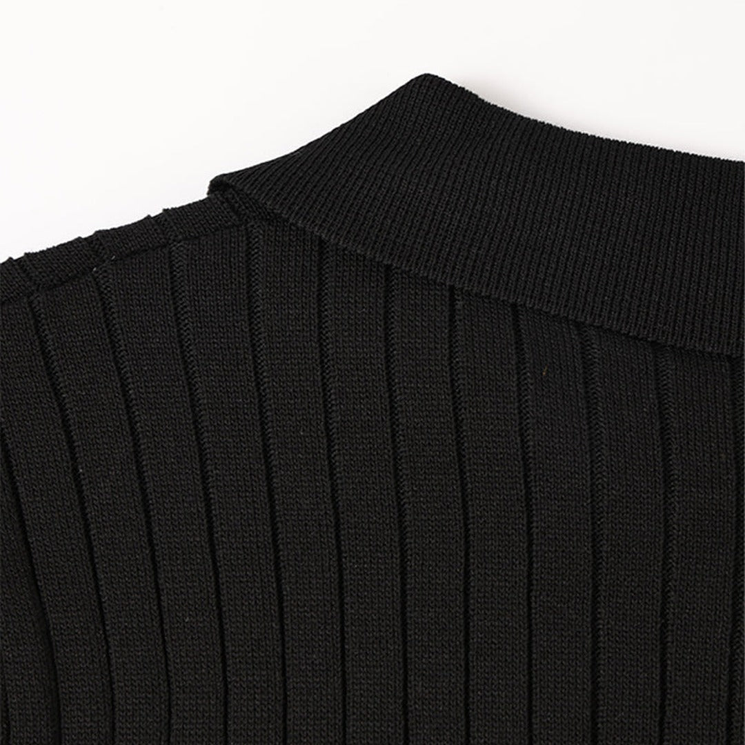 Men's Knitted Polo Shirt with Ribbed Collar and Partial Button Closure