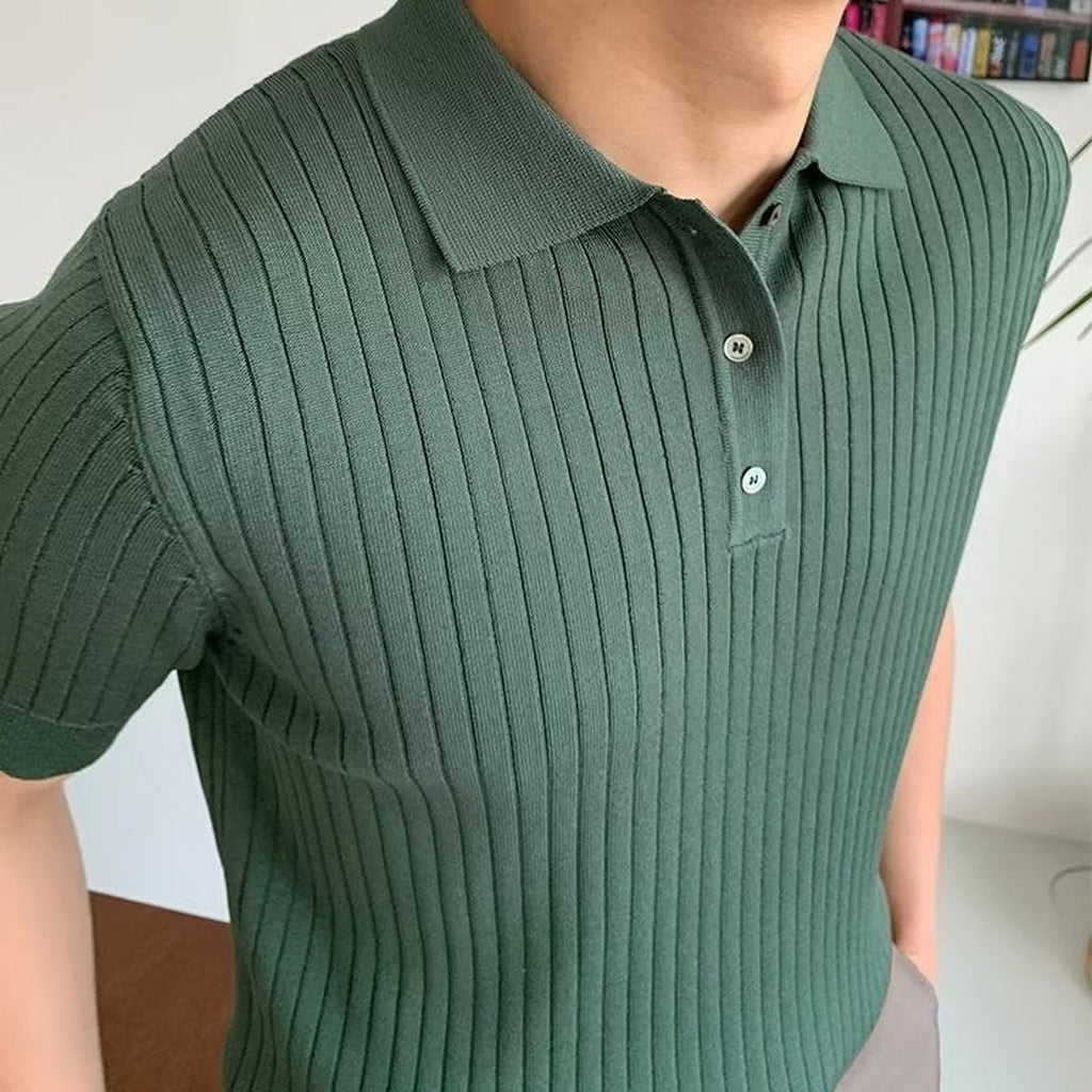 Men's Knitted Polo Shirt with Ribbed Collar and Partial Button Closure