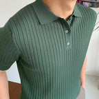 Men's Knitted Polo Shirt with Ribbed Collar and Partial Button Closure