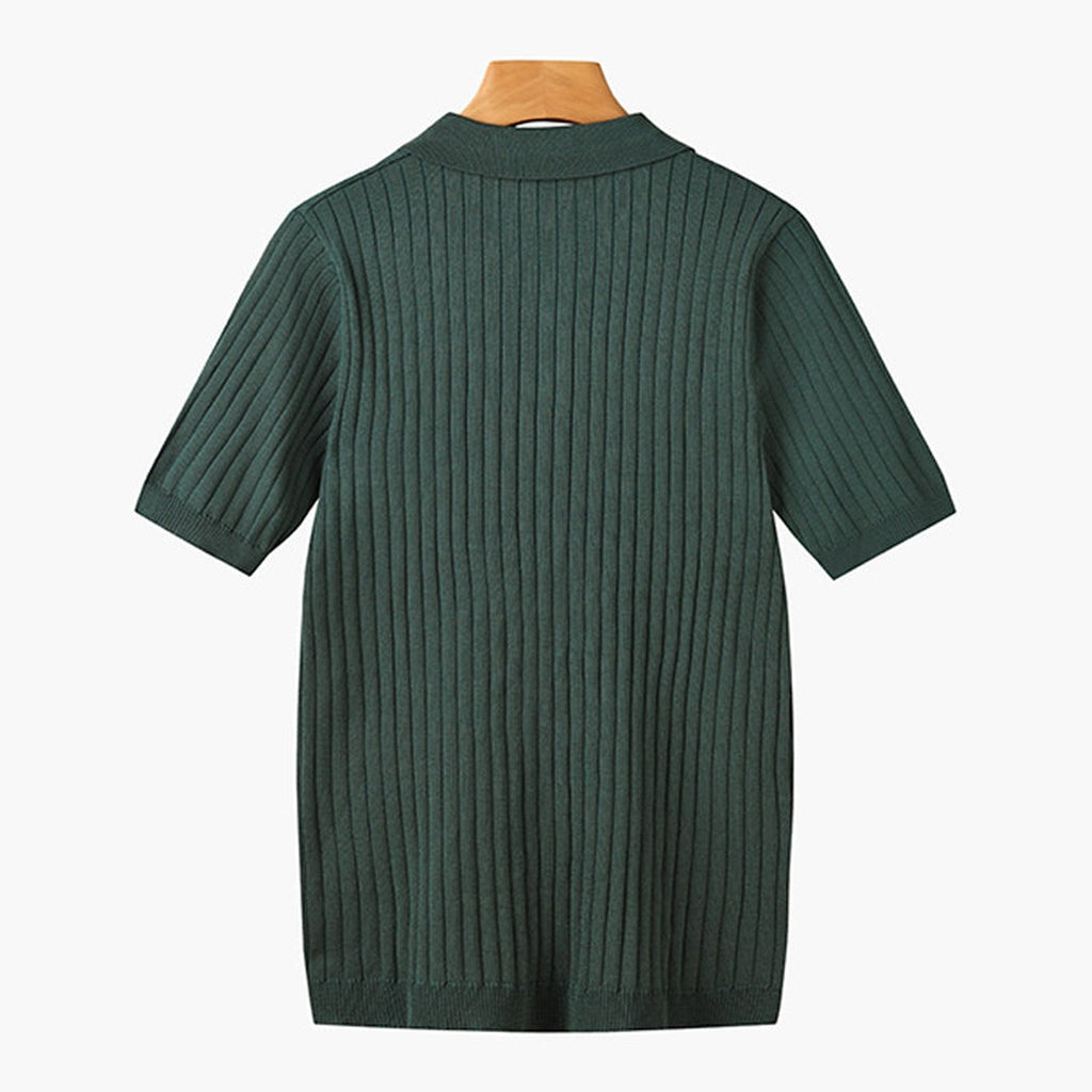 Men's Knitted Polo Shirt with Ribbed Collar and Partial Button Closure