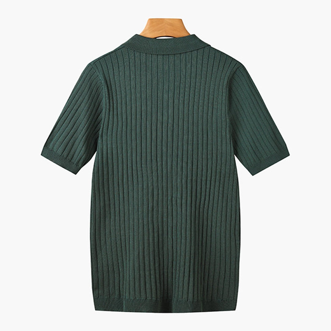 Men's Knitted Polo Shirt with Ribbed Collar and Partial Button Closure
