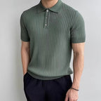 Men's Knitted Polo Shirt with Ribbed Collar and Partial Button Closure