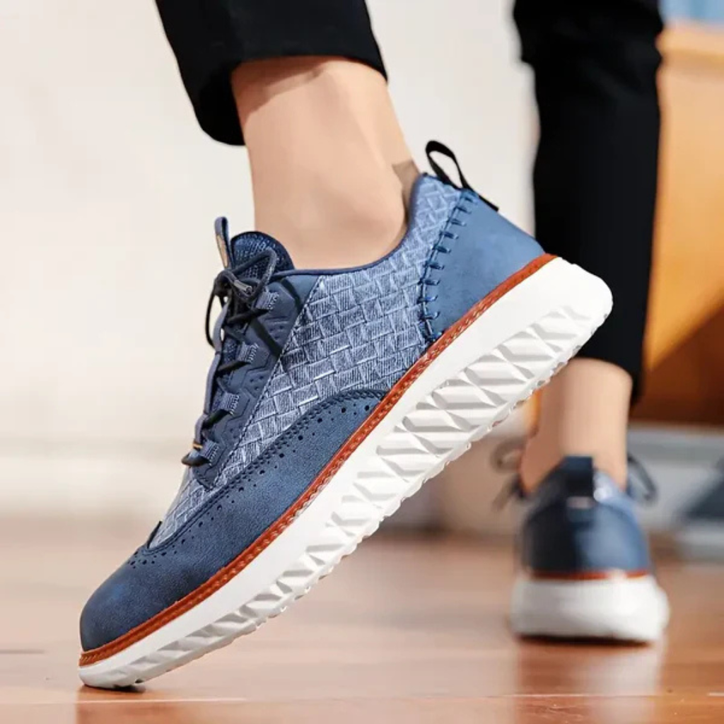 Men's Lace-Up Sneakers with Woven Upper Panel and Brogue Perforation Detail