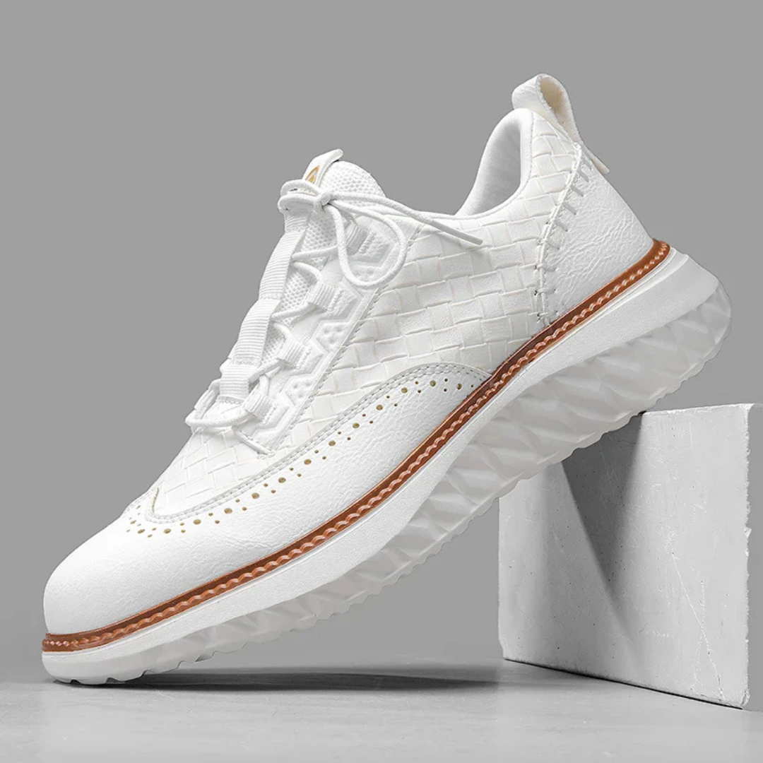 Men's Lace-Up Sneakers with Woven Upper Panel and Brogue Perforation Detail