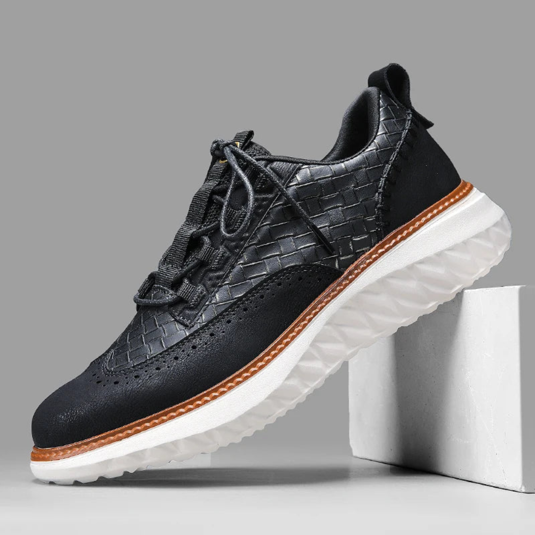 Men's Lace-Up Sneakers with Woven Upper Panel and Brogue Perforation Detail