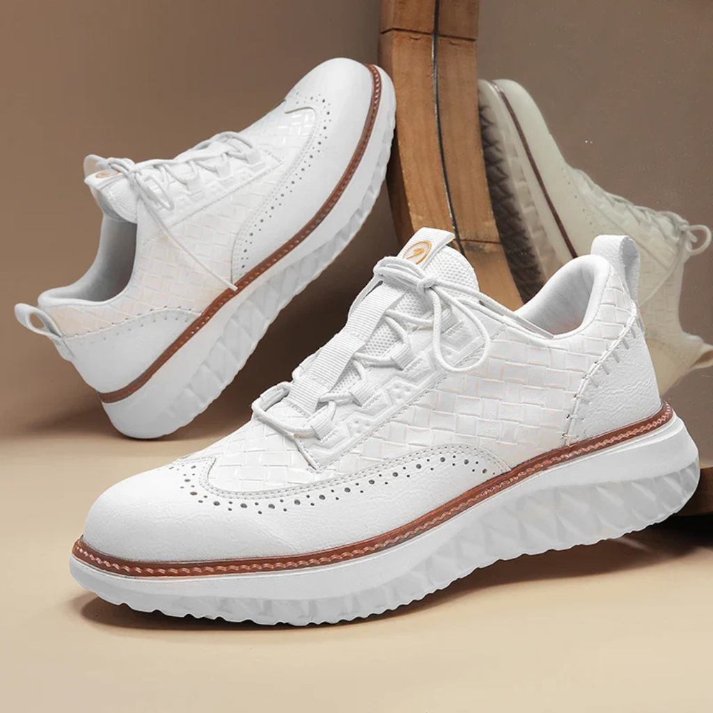 Men's Lace-Up Sneakers with Woven Upper Panel and Brogue Perforation Detail