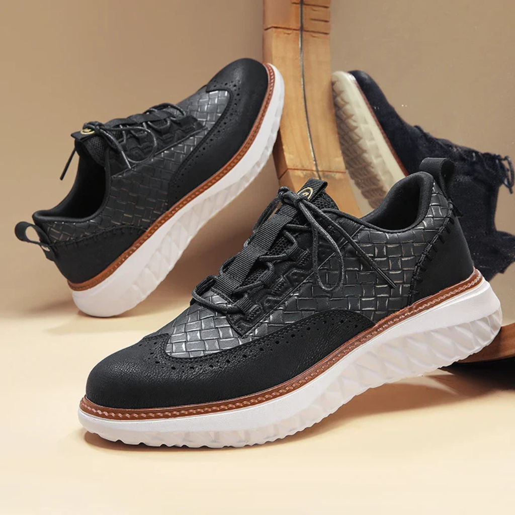 Men's Lace-Up Sneakers with Woven Upper Panel and Brogue Perforation Detail