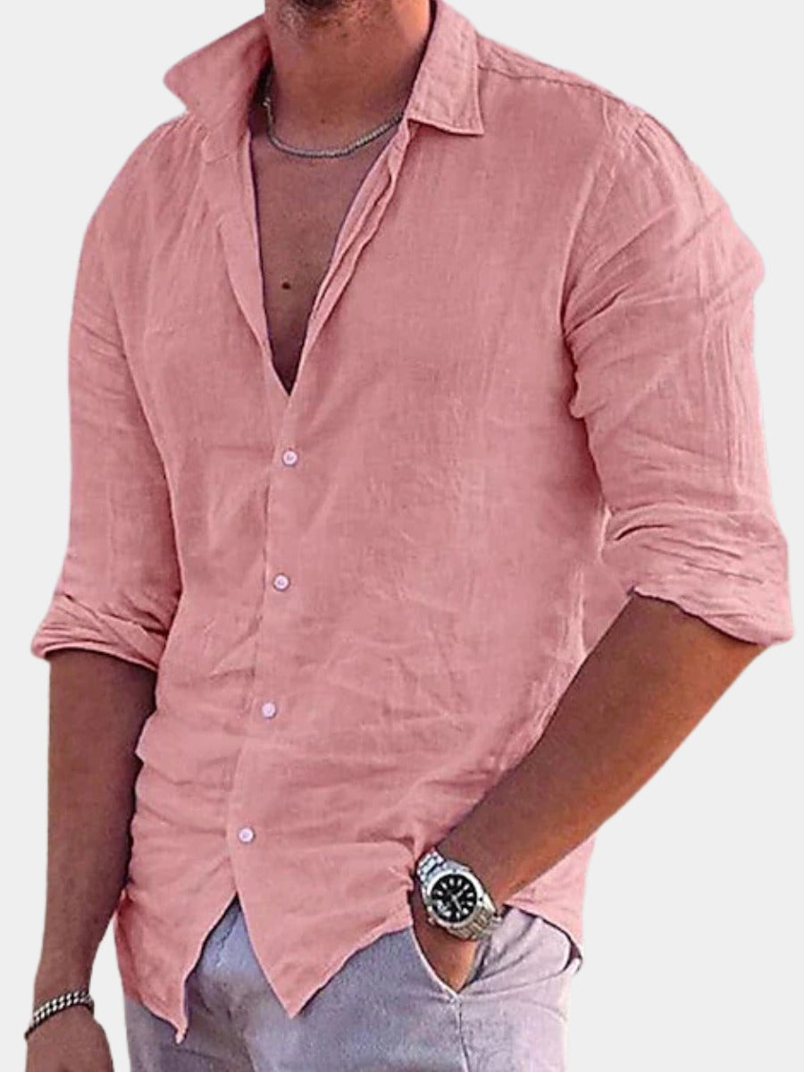 Men's Linen Long-Sleeve Shirt with Point Collar